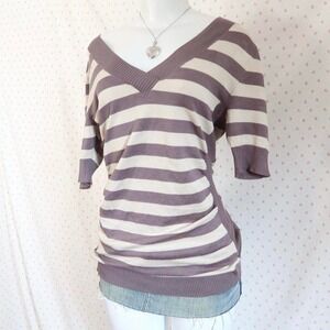 metaphor brown cream striped knit top short sleeve v neck sweater medium y2k